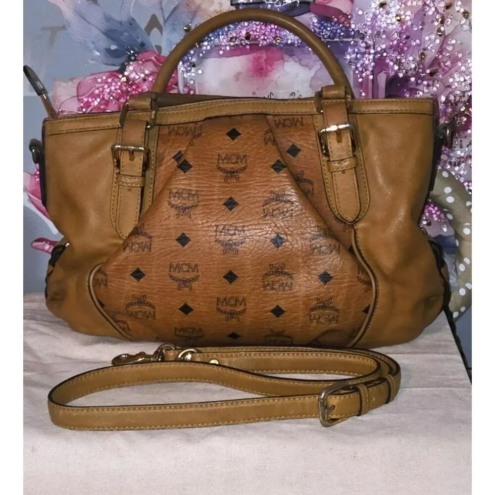 Authentic MCM Cognac Visetos Heritage Pleated Two-Way Satchel Bag (R6732)